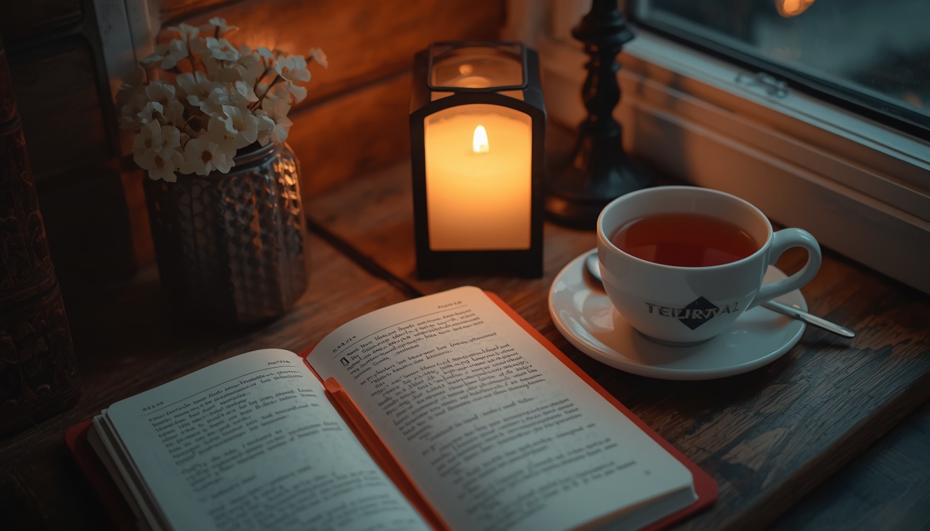 Rest station with journal and tea for evening routine